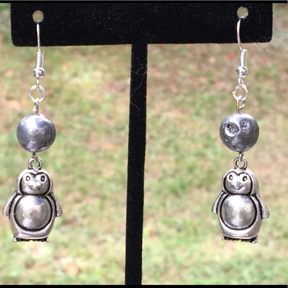 Silver Hematite Druzy Penguin Dangle Earrings